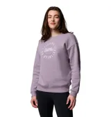 Buzo Columbia modelo Meridian Creek Crew, de color lila con cuello redondo y diseño estampado circular en el pecho. Cuenta con puños, cuello y dobladillo acanalados.
