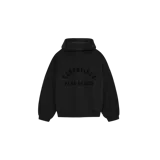 Hoodie de felpa con capucha, marca Fear of God Essentials, color negro. Presenta el texto "ESSENTIALS" en relieve en el pecho y "FEAR OF GOD" debajo.