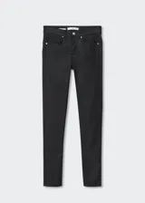 Pantalón tipo jeans skinny con efecto encerado, diseño de cinco bolsillos, cierre de cremallera y botón, y tiro bajo.