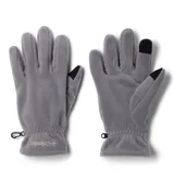 Guantes de polar gris con diseño táctil en las puntas de los dedos índice y pulgar. Presentan el logo de la marca bordado en la muñeca y un pequeño gancho de ajuste.