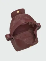 Cartera bucket de cuero marrón texturizado, con solapa frontal con cierre de botón a presión metálico dorado, asa corta superior y correa cruzada ajustable.