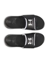 Sandalias tipo ojota Under Armour, color negro con logo blanco en la correa. Presentan una plantilla de EVA acolchada para mayor amortiguación y una suela duradera con tracción.
