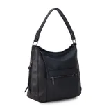 Cartera tipo hobo de cuero sintético color rojo ladrillo, con correa de hombro ajustable. Tiene cierre superior con solapa y broche magnético, bolsillo frontal con cierre, bolsillos laterales con cierre y múltiples bolsillos internos.