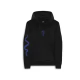 Canguro negro con capucha, bolsillo tipo canguro y estampado de serpiente en la manga izquierda y mano esquelética en el pecho.