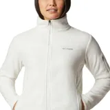 Campera polar Columbia modelo Fast Trek II, color blanco, con cierre frontal completo, cuello alto y bolsillos laterales con cierre. Incluye un bolsillo adicional con cierre en la manga izquierda y logo de la marca bordado en el pecho.