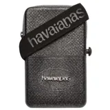 Bolso bandolera negro con textura de glitter, cierre superior y correa de tela negra con el logo de Havaianas en blanco.