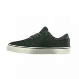 Championes de skate Emerica modelo The Hoban, color negro con detalles en verde y suela blanca. Presentan un diseño de perfil bajo con costuras reforzadas en la puntera y ojal superior metálico dorado.