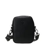Morral de cuero sintético negro con textura granulada, cierre superior y logo metálico frontal. Incluye correa ajustable y extraíble de cinta técnica.