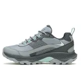 Championes de senderismo Merrell modelo Speed Strike 2 Waterproof, color gris con detalles en verde agua. Presentan una construcción robusta con malla transpirable y cuero sintético, membrana impermeable, puntera protectora y suela de goma con tracción de alta durabilidad.
