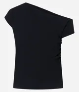 Blusa negra de crepé con escote asimétrico, manga corta y drapeado lateral.