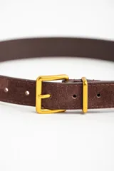 Cinto marrón de gamuza con hebilla cuadrada dorada.