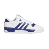 Championes adidas Rivalry Low de estilo urbano, con diseño clásico en color blanco y detalles en azul. Presentan las icónicas tres tiras laterales, suela de goma resistente y cierre de cordones.