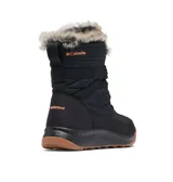 Bota de invierno Columbia modelo Minx Shorty IV, color negro con detalles en naranja. Presenta diseño acolchado, cuello con piel sintética, cierre con cordones y suela de goma color caramelo.