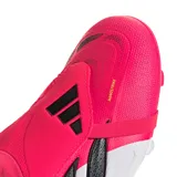 Championes de fútbol Adidas Predator League para terreno firme, con diseño de lengua plegable. Presentan una combinación de colores fucsia vibrante, blanco y detalles en negro, incluyendo las icónicas tres tiras laterales.