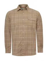 Camisa de manga larga RKF confeccionada en algodón orgánico con textura de cotelé cepillado. Presenta un diseño de cuadros escoceses en tonos beige y arena, cuello camisero, cierre frontal con botones y un bolsillo en el pecho con solapa.