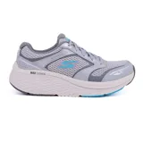 Championes deportivos Skechers Max Cushioning Elite 2.0, color gris con detalles en celeste. Confeccionados en malla transpirable y material sintético, con cordones, plantilla Air-Cooled Goga Mat y entresuela Ultra Go para máxima amortiguación.