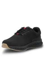 Championes deportivos de tejido knit color negro, con cordones y detalle de líneas rojas. Presentan una suela tecnológica con diseño ergonómico para mayor estabilidad y amortiguación.