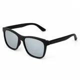 Lentes de sol con armazón negro y cristales espejados plateados, diseño clásico y polarizado.