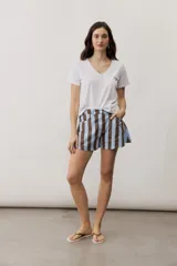 Short con diseño de rayas verticales en tonos celeste y marrón, con bolsillos delanteros y cierre frontal de botón y cremallera.