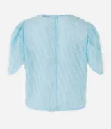 Blusa de chiffon azul marino con cuello redondo, mangas cortas con pliegues en los hombros y textura con felpas.