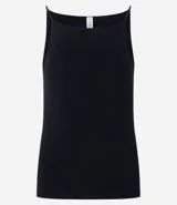 Blusa femenina sin mangas, confeccionada en tejido de algodón con elastano. Presenta un diseño ajustado al cuerpo con escote halter y tirantes finos elásticos.