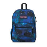 Mochila JanSport modelo Cross Town con estampado de galaxia en tonos azules, negros y verdes. Cuenta con un compartimento principal amplio, bolsillo frontal con cierre y organizador interno, bolsillo lateral para botella y correas acolchadas para mayor comodidad.