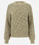 Suéter de punto con textura jaspeada, cuello redondo y mangas largas amplias con puños ajustados. Presenta un corte regular y diseño versátil.