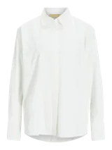 Camisa de popelín blanca de manga larga con cuello clásico y cierre frontal de botones ocultos, de ajuste relajado y puños anchos.