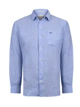 Camisa de manga larga RKF de corte regular fit, confeccionada en lino con diseño de rayas verticales en tonos celestes y blancos. Cuenta con cuello camisero, cierre frontal con botones, bolsillo en el pecho con logo bordado y puños abotonados.