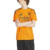 Camiseta de fútbol Adidas de la segunda equipación del Real Madrid, temporada 24/25, color naranja con detalles en negro. Incluye logo de Adidas, escudo del club y sponsor Emirates Fly Better en el frente.