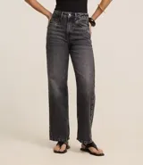 Pantalón de jean de tiro alto, color gris oscuro, de corte recto y largo cropped.