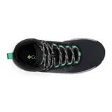 Bota de senderismo impermeable Columbia, color negro con detalles en gris y verde menta. Presenta una combinación de cuero y malla en la parte superior, con entresuela amortiguada y suela de alta tracción.