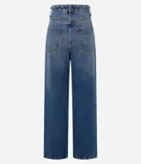 Pantalón wide leg de jeans azul con cintura alta, trabillas en la cintura y friso delantero.