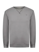 Buzo gris de cuello redondo, con detalles de costuras visibles y puños y cintura de rib elástico.