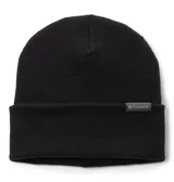 Gorro tipo beanie unisex de tejido de punto acanalado, color negro, con borde doblado y etiqueta con el logo de la marca Columbia en el frente.