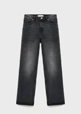 Pantalón de jean de corte recto y tiro medio, con diseño clásico de cinco bolsillos, cierre de botón y cremallera, y trabillas para cinturón.