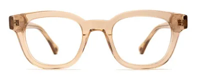 Armazón de receta unisex color beige, con forma panto, monturas gruesas, lentes de 49 mm de ancho y patillas antideslizantes con núcleo de metal plateado.