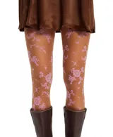 Medias transparentes con diseño de bordado floral en color rosado sobre base color piel.