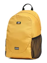 Mochila Caterpillar modelo Tokyo Urban Backpack en color amarillo, confeccionada en poliéster con revestimiento. Cuenta con un compartimento principal, bolsillos laterales de malla negra, asa superior y detalles de la marca en contraste.