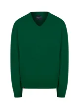 Sweater de punto con escote en V y manga larga, confeccionado en una mezcla de lana y cashmere. Presenta un diseño clásico de calce regular con puños y ruedo acanalados.