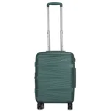 Valija rígida de cabina color verde oscuro con diseño de líneas horizontales en relieve. Cuenta con fuelle extensor, ruedas 360° y candado incorporado.