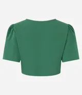 Blusa cropped de crepé color verde oscuro, con cuello redondo, mangas cortas abullonadas y detalle cutout en el busto.
