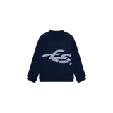 Sweater de punto Eme Studios modelo Bryss Navy Knit, de color azul marino con diseño gráfico en el frente y puños acanalados.
