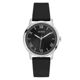 Reloj analógico Guess con caja de acero inoxidable plateado y esfera negra con números romanos. Cuenta con una malla de silicona negra y movimiento de cuarzo.