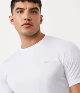 Remera deportiva de poliéster color gris claro, con cuello redondo, mangas cortas y recortes laterales de poliamida. Corte clásico.