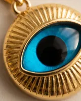 Collar de bronce dorado con cadena fina y dije redondo en relieve con diseño de ojo turco esmaltado en tonos azul y negro.