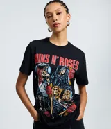 Remera de algodón color negro con cuello redondo y mangas cortas. Presenta un estampado gráfico en la espalda con el logo de la banda Guns N' Roses y una lista de ciudades en tonos rojos y naranjas, rodeado por un diseño de rosas.