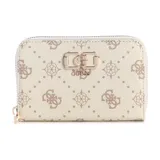 Billetera Guess modelo Emelie de formato compacto y cierre perimetral. Presenta un estampado monograma de la marca en tonos beige y crema, con aplique metálico dorado con el logo en el frente.