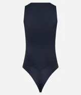 Body básico color azul, sin mangas, con escote halter y ajuste ceñido al cuerpo. Confeccionado en poliamida con elastano.