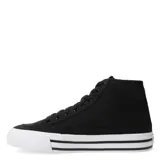 Championes urbanos Puma Court Classic Vulc Mid FS de caña media, confeccionados en lona negra con la icónica franja lateral en blanco. Presentan cierre de cordones, suela vulcanizada blanca con detalles en negro y logo de la marca en el lateral y la lengüeta.